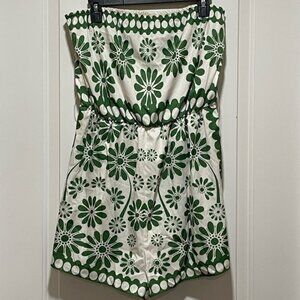 70s Boho Chic Green & White Womens XL 2” Floral Strapless Romper *Missing Belt*